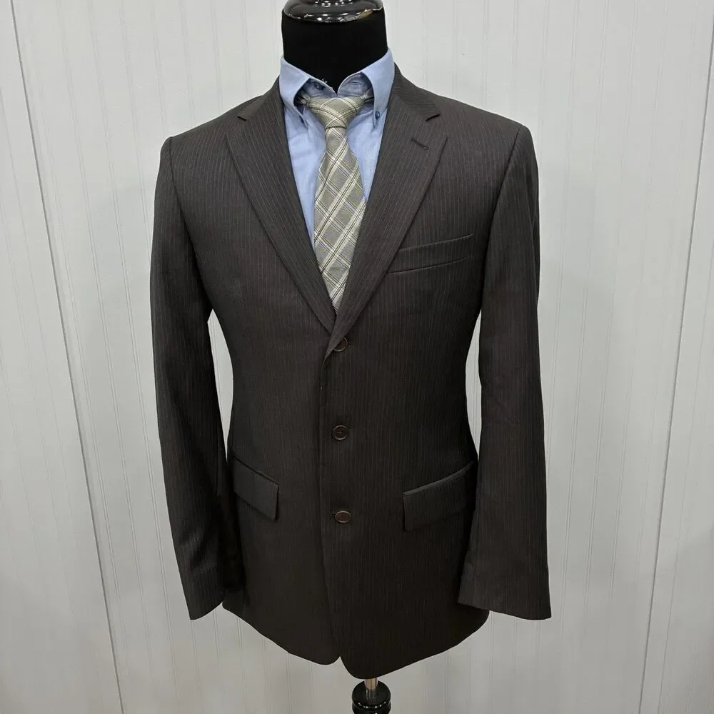 John Varvatos 40L - W32 x L34 Dark Brown Pinstriped Wool 3-Button 2-Piece Suit